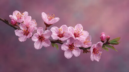 Obraz premium Delicate pink cherry blossoms on a branch against a soft purple background.