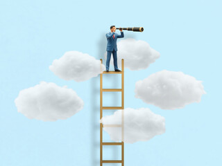 A miniature businessman stands on a ladder in the sky, looking through a telescope. 