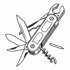 Detailed illustration of a versatile multi tool with various open blades and tools on a white background