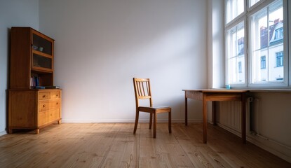 Fototapeta premium Empty room with wooden furniture and light streaming in