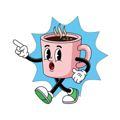 Cartoon Coffee Cup Character Pointing Up with Surprised Expression 3D Vector Illustration