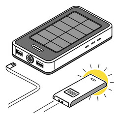 Isometric illustration of a solar powered portable charger with a connected usb cable and a phone being charged by the sun