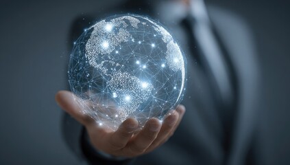A hand holds a holographic globe, network connections