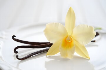 Delicate vanilla orchid flower with dark vanilla beans isolated on white background