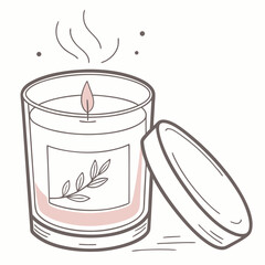 Aesthetic line drawing of a lit scented candle in a glass jar with a lid and subtle pink accents