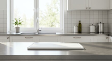 White Cutting Board on Modern Kitchen Countertop.