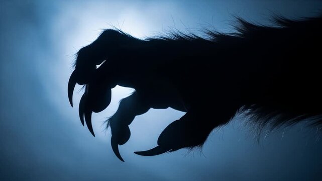 Dynamic Silhouette of a Menacing Hairy Clawed Hand with Sharp Talons in Eerie Backlight