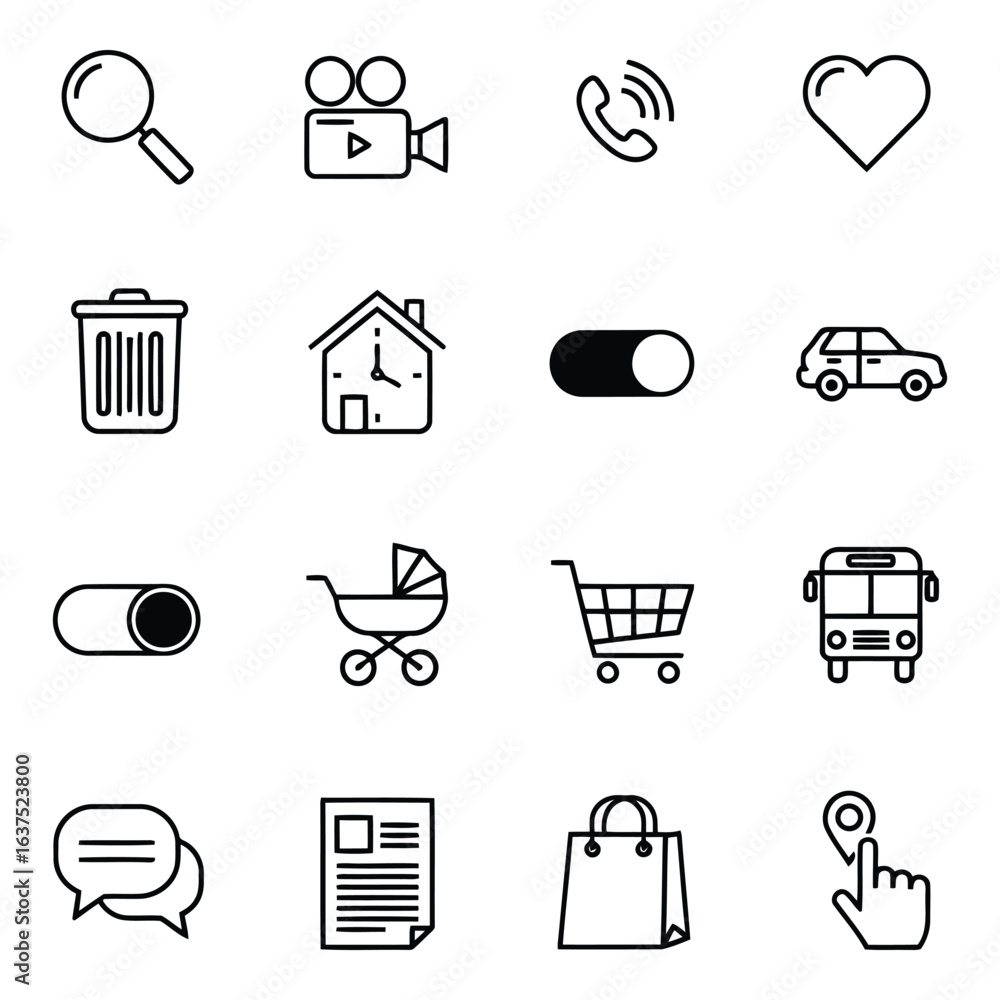Poster art of modern thin line icon set isolated on white background, featuring a variety of essential symb