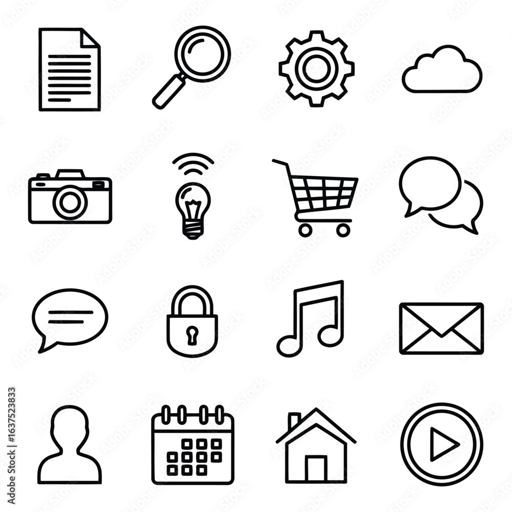 Poster art of versatile thin line icon set isolated on white background, providing essential symbols for we