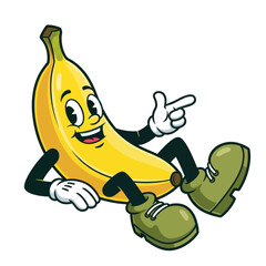 Cartoon Banana Character Relaxing and Pointing with a Smile 3D Vector Illustration