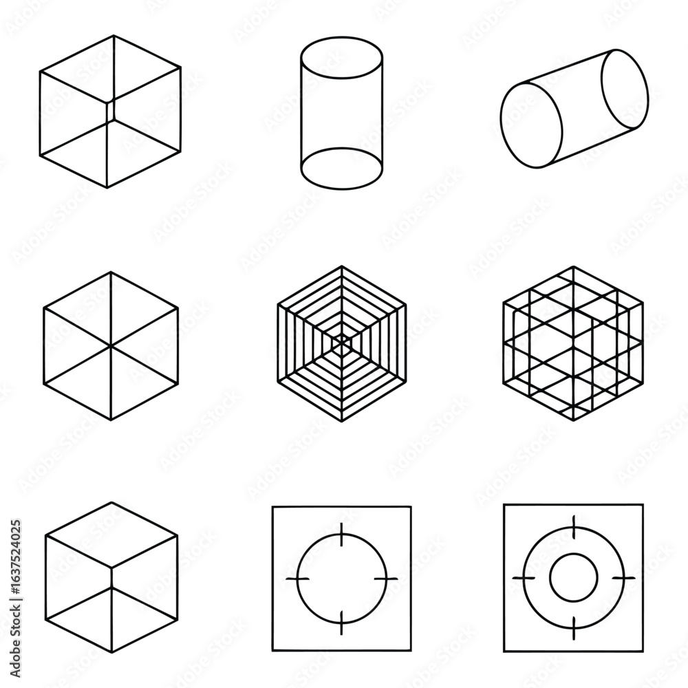 Poster art of collection of simple line icons representing cube, cylinder, and geometric shapes on a light 