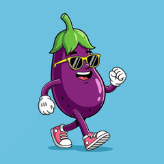 Cool Cartoon Eggplant Character Walking with Sunglasses and Sneakers 3D Vector Illustration
