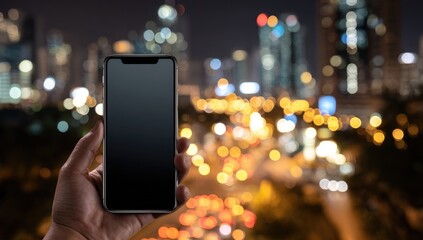 Hand holding a smartphone at night with city lights in the background