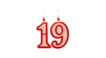 Burning nineteen birthday candles with red trim and white fill on a black background isolated image