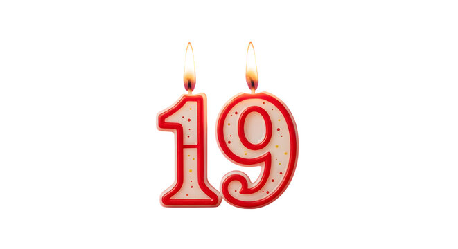 Burning nineteen birthday candles with red trim and white fill on a black background isolated image