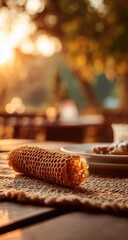 Honeycomb on a rustic table at sunset