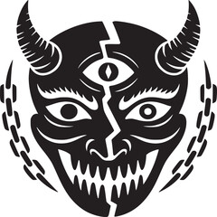 Black and white graphic design of a devilish face with horns and chains on a white background