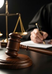 Gavel, Scales of Justice, and Judge Writing in Courtroom Setting