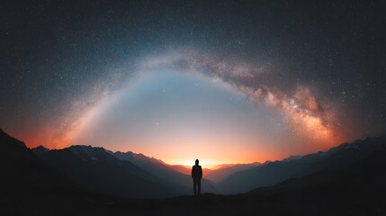 Silhouetted figure gazes at a magnificent sunrise over a mountain range and the Milky Way.