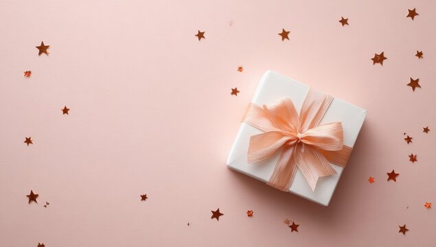 White gift box with peach ribbon, surrounded by rose gold confetti stars on a pale pink background - Powered by Adobe