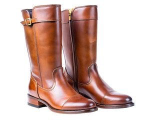 Elegant brown leather tall riding boots with buckle and zipper detail isolated on transparent background