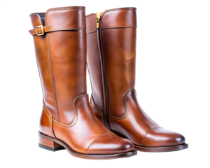 Elegant brown leather tall riding boots with buckle and zipper detail isolated on transparent background