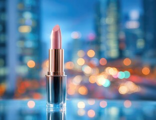 Pink lipstick against city lights