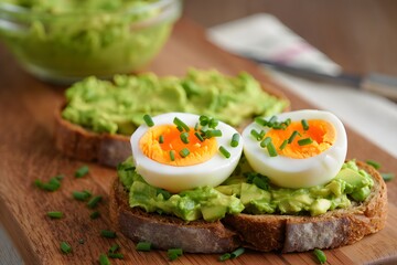 Delicious avocado toast with sliced boiled eggs and chives \
