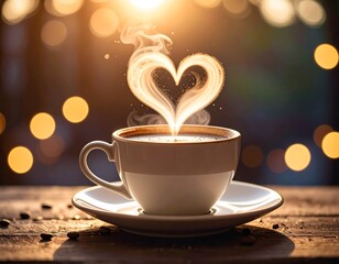 Warm coffee cup with heart-shaped steam