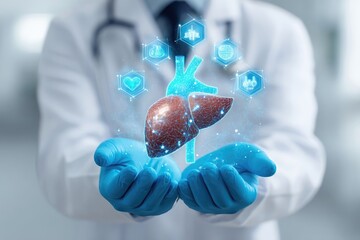 Doctor's hands in blue gloves hold a 3D liver model, surrounded by health icons