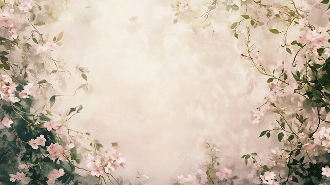 Delicate background featuring light cherry blossoms and ivy swirling around with a soft glow enhancing the overall tranquil vibe Ideal for spring themed events or calm retreats