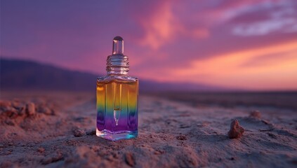 Colorful dropper bottle on desert at sunset