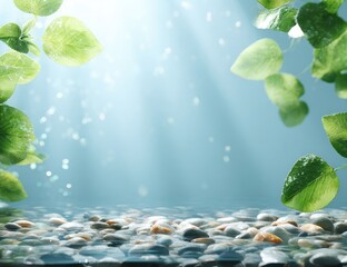 Sunlight filtering through lush foliage, reflecting on water-covered stones