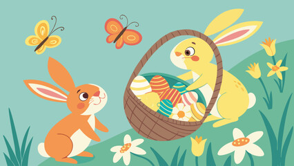 Two Easter Bunnies with Basket of Colorful Eggs and Butterflies.