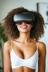 Fototapeta premium A woman wearing a white bra and a virtual reality headset