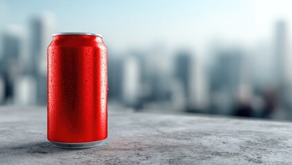 Red aluminum can on concrete, city view