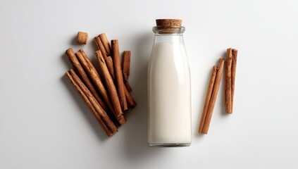 Glass milk bottle with cinnamon sticks on white background