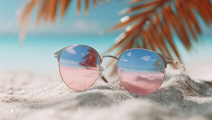Pink sunglasses on sandy beach, tropical scene