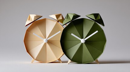 Two paper clocks with the hands on the numbers 1 and 5