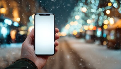 Hand holding smartphone with blank screen, snowy city street bokeh background