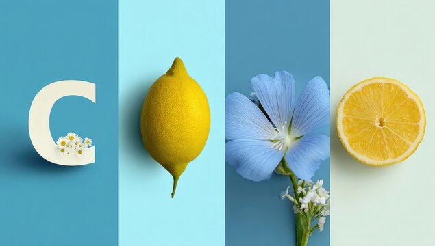 Colorful arrangement of "GOOD" letters, lemon, flax flower, and lemon slice - Powered by Adobe
