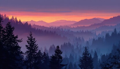 Misty mountain sunrise over a dense forest