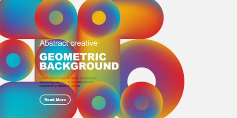 Vibrant geometric shapes overlap, creating colorful abstract background. Text block present with read more button. Modern design.