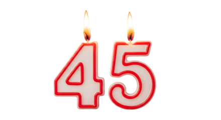 A close up of the number forty five birthday candles with flames on a black background for celebration
