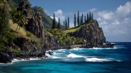 Dramatic coastal scenery with a secluded home nestled on a rocky promontory.