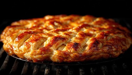 Baked apple pie on a grill.  Golden, lattice-top pie, hot and ready