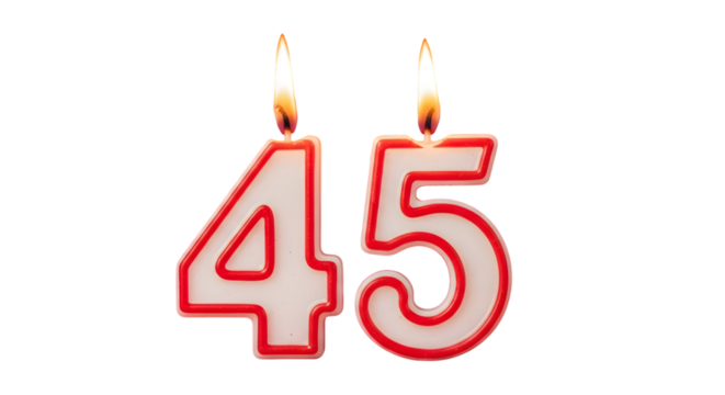 A close up of the number forty five birthday candles with flames on a black background for celebration