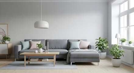 Fototapeta premium modern living room with sofa Minimalist Scandinavian Living Room with Cozy Gray Sofa, Textured Pillows, Natural Light, and Wooden Flooring