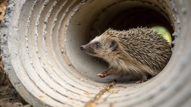 Hedgehog Exploring a Concrete Pipe in Natural Habitat Scene