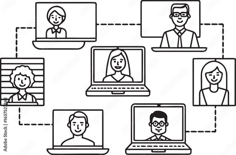 Poster diverse people in laptops connected by dashed lines communication network connection